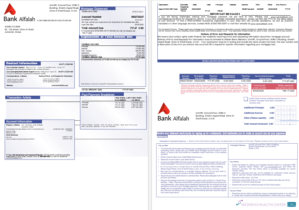 Download UAE Abu Dhabi Bank Alfalah mortgage statement in Word and PDF formats, 3 pages 1 2 Photoshop template